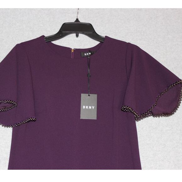 DKNY Women's Purple Bell Sleeve‎ with Bead trim Dress Size 8 NWT - Picture 2 of 8